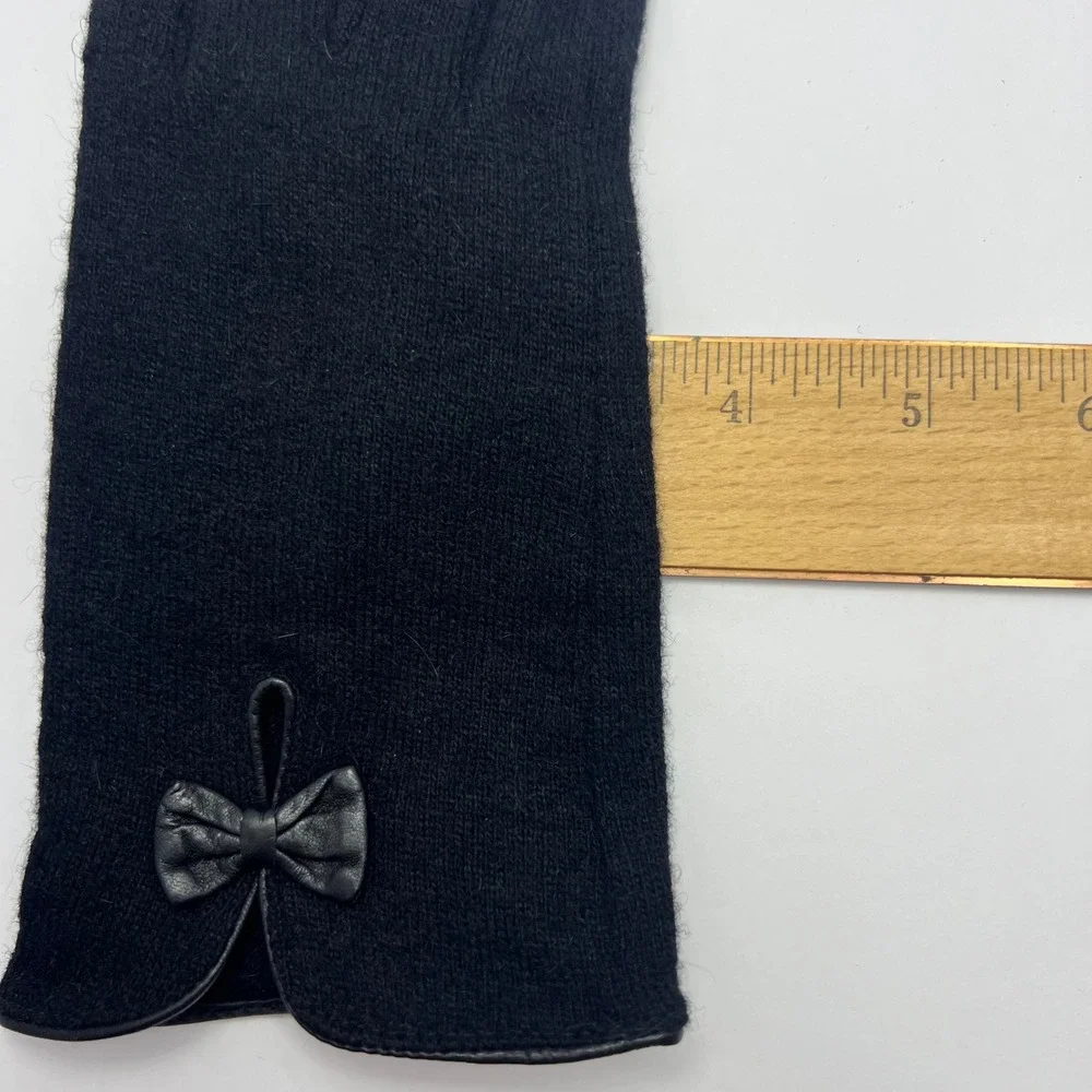 Elegant Black Knit Gloves Leather Bow Womens Small Touchscreen Finger Coquette